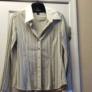 Express black and white striped tuxedo collared shirt.